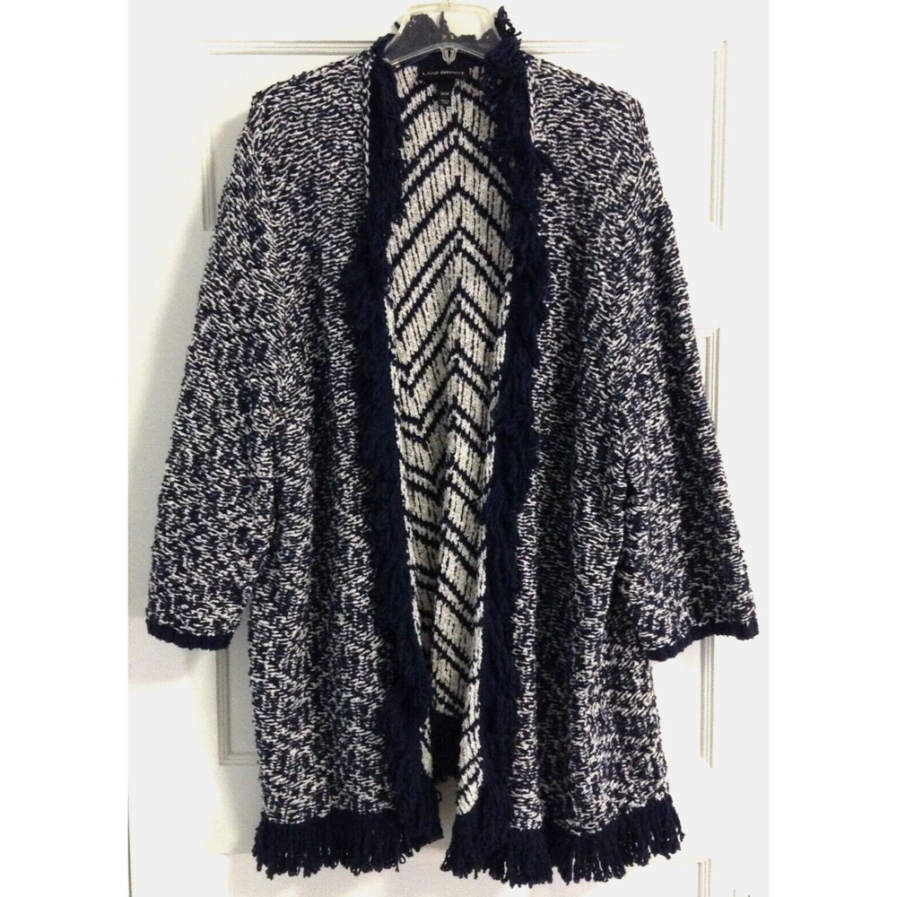 Lane Bryant Cardigan Sweater Wn 26/28 Blue White Striped Open Front Fringe Boho